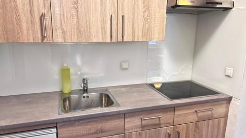 a kitchen with a sink and wooden cabinets at Appartementhaus Huber in Abersee