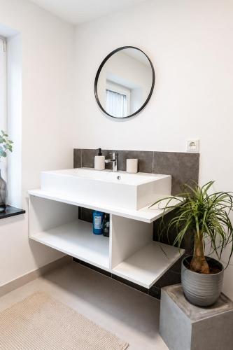 a bathroom with a white sink and a mirror at MeinZuhause Apartment EG in Bad Pyrmont