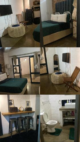 a collage of photos of a bedroom with a bed and a table at 201 On Main in Johannesburg