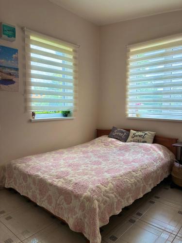 a bedroom with a bed and two windows at SweetHome in Limbaži