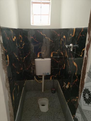 a bathroom with a toilet with a rock wall at The HIVE in Kitui