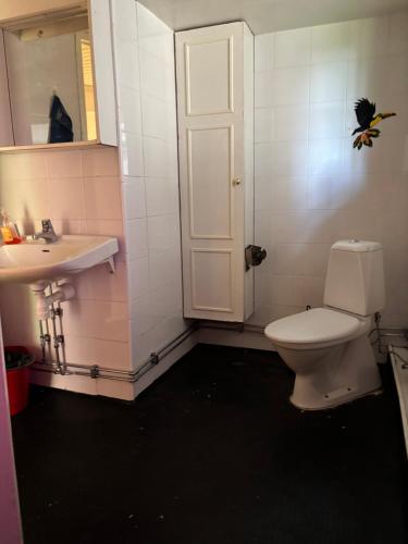 a bathroom with a white toilet and a sink at Storgatan 42 in Högsby