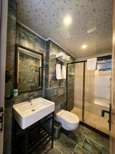 a bathroom with a sink and a toilet and a shower at Atlasia Suit in Erdemli