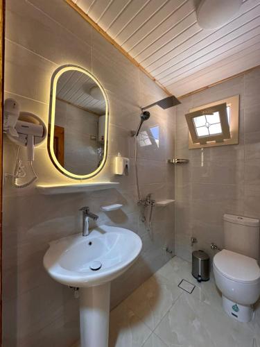 a bathroom with a sink and a toilet and a mirror at Sondos Camp in Nuweiba‘ el Muzeinah