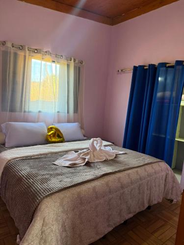 a bedroom with a large bed with blue curtains at Casa verde in Santo Antônio do Pinhal