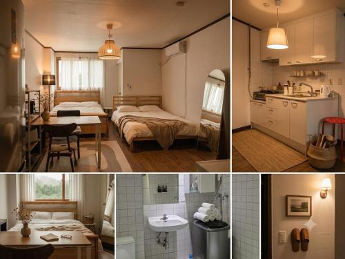 three different pictures of a bedroom and a bathroom at Seoul Station condo in Seoul