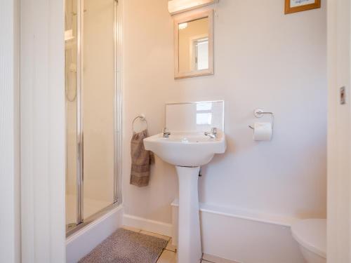 a white bathroom with a sink and a shower at Beacons Cottage-Uk36406 in Bronllys