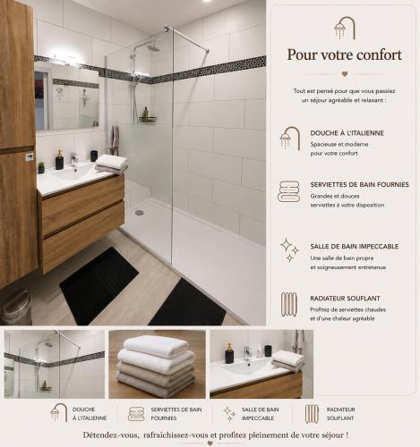 a flyer for a bathroom with a sink and a shower at Le Bellevue in Givet