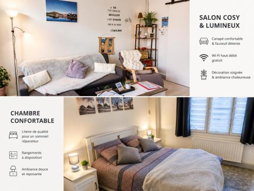 a living room with a bed and a couch at Le Bellevue in Givet