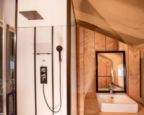 a bathroom with a sink and a mirror at Agriturismo Angeli Sognanti in Cossignano