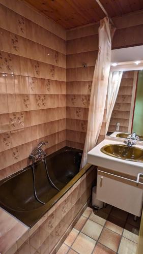a bathroom with a bath tub and a sink at La maison de papy près de la plage in Barbâtre