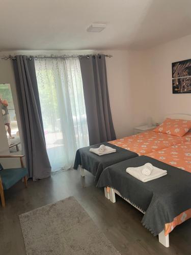 a bedroom with two beds and a window at SUNNY HOUSE APARTMENTS WITH an OUTDOOR POOL AND FREE PARKING in Skopje