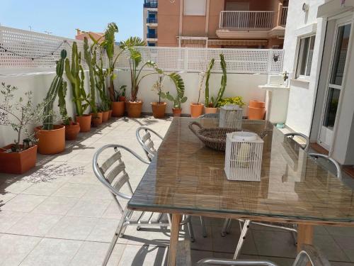 a table and chairs on a patio with plants at Casa cactus Piles Playa in Piles