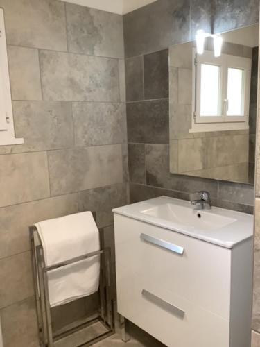 a bathroom with a white sink and a mirror at Les Asphodèles in Partinello