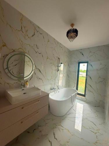 a bathroom with a tub and a sink and a mirror at Vila Lux Braila in Brăila