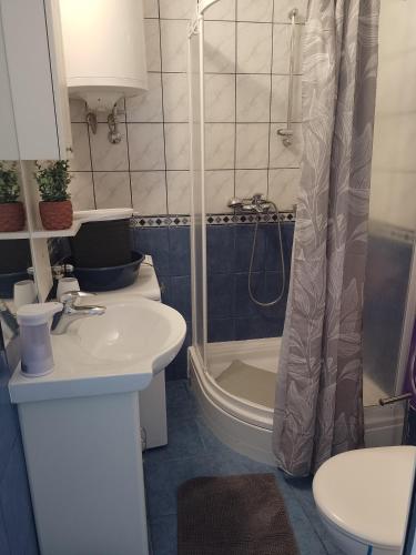 a bathroom with a sink and a toilet and a shower at Apartman Cvitan in Zaton