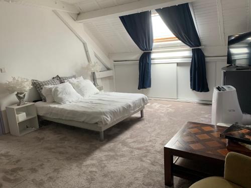 a bedroom with a bed and a window with blue curtains at Suite-piscine et jacuzzi sous les étoiles - petit déjeuner inclus ou non, et repas froid en option in Septème