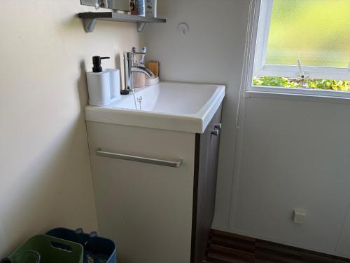 a bathroom with a sink and a window at Mobil-home proche plage in Saint-Julien-en-Born