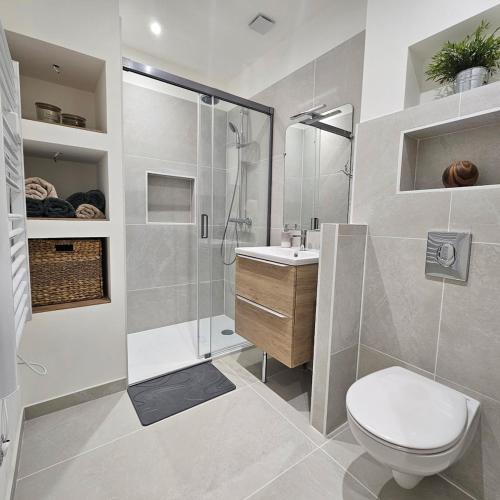 a bathroom with a shower and a toilet and a sink at Le 3Bis studio charmant proche Cap d'Agde in Bessan