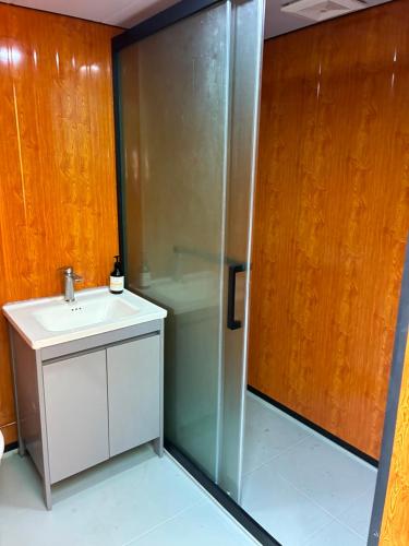 a bathroom with a shower and a sink at Yurts at Yelverton in Yelverton