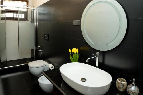 a bathroom with a sink and a toilet and a mirror at Regal Retreat in Mahawatta