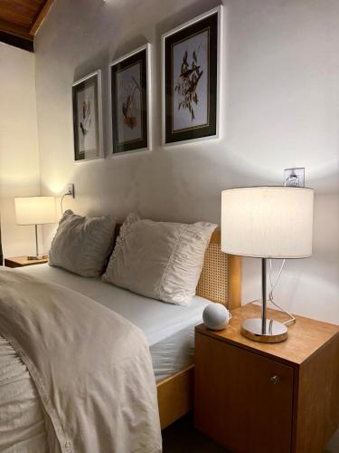 a bedroom with a bed with a lamp and pictures on the wall at Mini Casa-Aconchego e Fitness in Pirenópolis