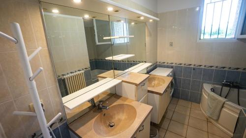 a bathroom with two sinks and a large mirror at La Maison Du Vigneron in Gaillac