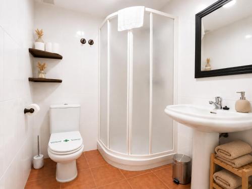 a white bathroom with a toilet and a sink at Duplex La Valle Ordesa-Ainsa in Laspuña