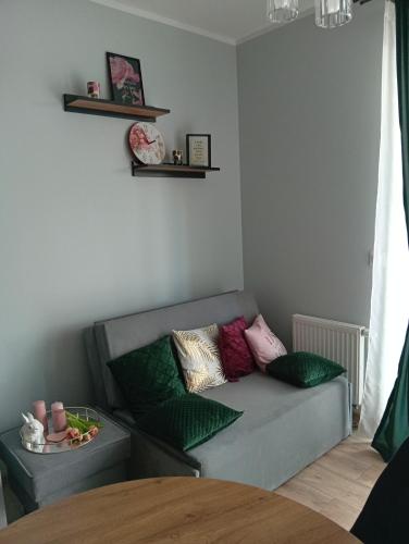 a living room with a couch with pillows on it at Apartament Różowa Perła in Przemyśl