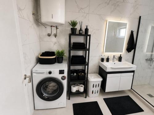 a bathroom with a washing machine and a sink at Villa Azar in Dobra Voda