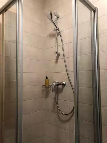a shower with a shower head in a bathroom at Appart-Hotel Gwendy in Bour