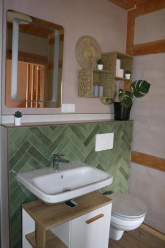 a bathroom with a sink and a toilet at Ferienwohnung Am Tharandter Wald 2 in Wilsdruff
