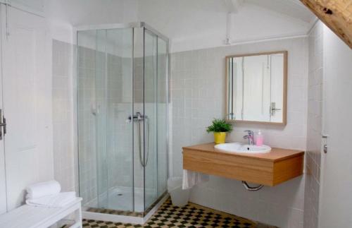 a bathroom with a glass shower and a sink at apartamento com varios quartos in Coimbra