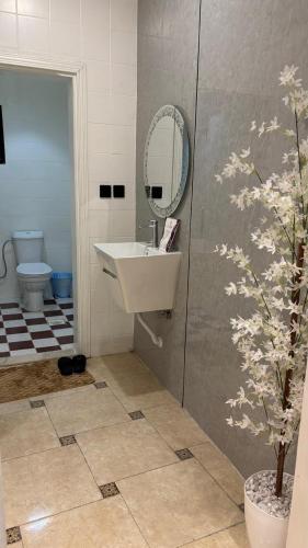 a bathroom with a sink and a mirror and a toilet at نسمة كيان للشقق المخدومة Nasma Kayan Serviced Apartments in Jeddah
