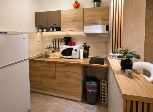 a kitchen with a counter with a microwave and a refrigerator at New Moment in Žarkovo