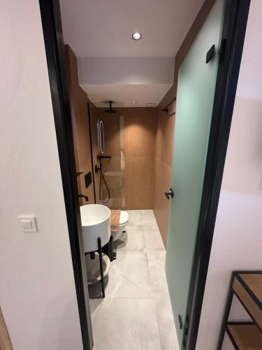 a bathroom with two toilets and a sink at Perdika Ionion Villas in Perdika