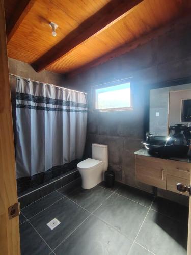 a bathroom with a toilet and a shower curtain at Casa Atitur in San Pedro de Atacama