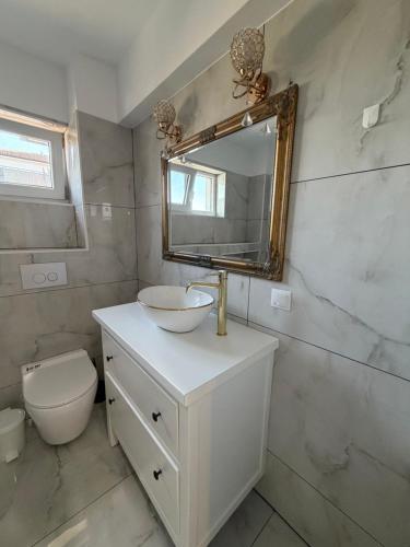 a bathroom with a sink and a mirror and a toilet at YDA Apartament's in Baciu