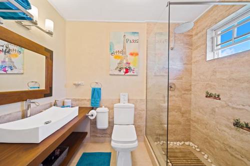 a bathroom with a shower and a toilet and a sink at Hidden Gem The Parisian - by ZenBreak in Christ Church