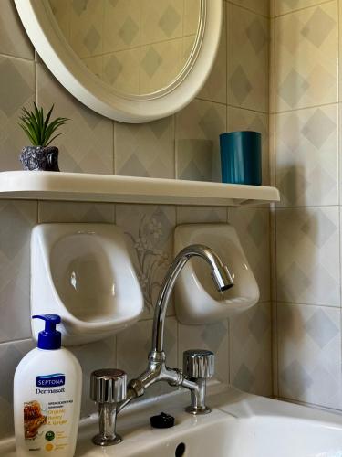 ein Waschbecken im Badezimmer mit einer Flasche Seife und einem Spiegel in der Unterkunft Karfas Hideaway in Karfás