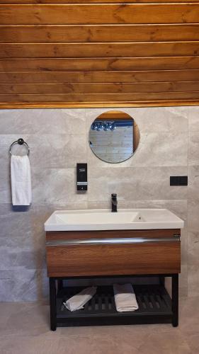a bathroom with a sink and a mirror at Hemşin Ata Konağım in Çamlıhemşin