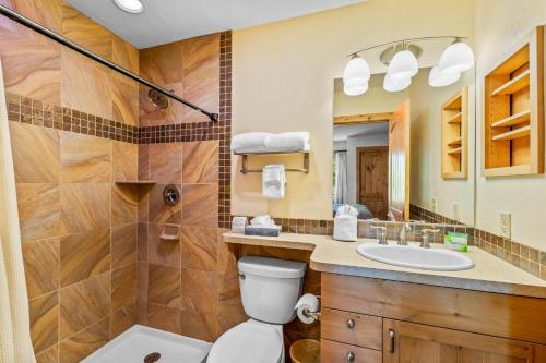 a bathroom with a toilet and a sink and a mirror at Chipmunk in Clark