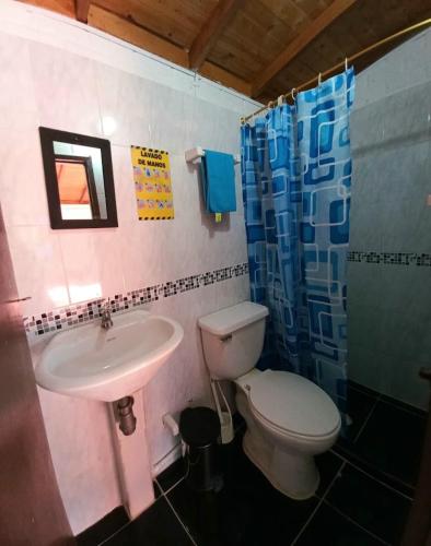 a bathroom with a toilet and a sink at Cabaña Bamel in San Antero