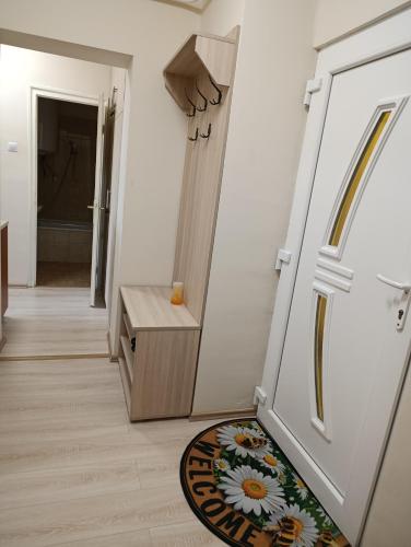 a hallway with a door and a rug on the floor at Móra Corner Apartman Mezőkövesd in Mezőkövesd
