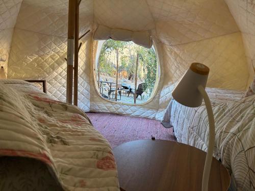 a room with a bed and a round window at Glamping Ramas De Elqui in Pisco Elqui