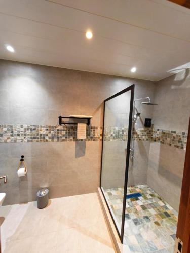 a bathroom with a shower with a toilet and a sink at RM Westside Apartment in Case Noyale