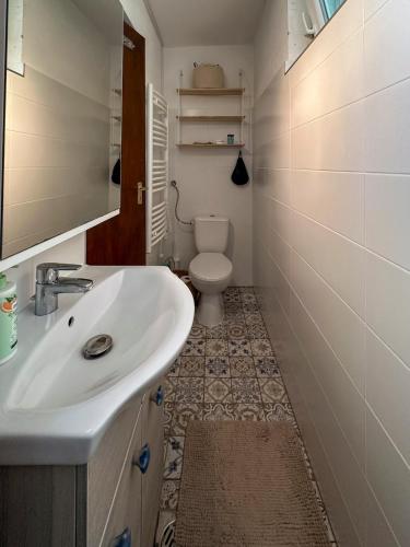 a bathroom with a sink and a toilet at Tommy's Cottage in Harta