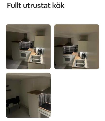 Dos imágenes de una cocina con dos fregaderos y una encimera. en The Hideout, en Estocolmo