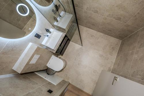 a bathroom with a toilet and a mirror at Topolių terasos in Palanga