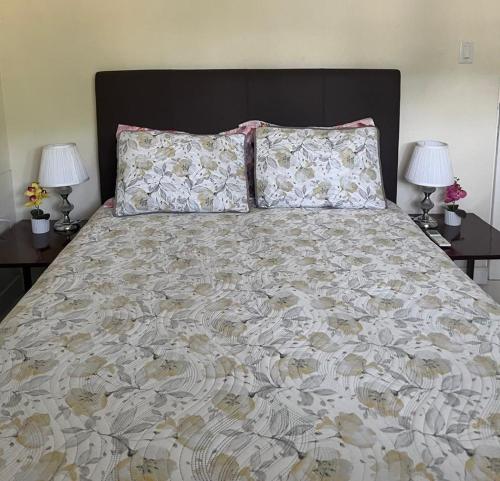 a large bed with two lamps on two tables at Haven Garden Retreat in Kingston